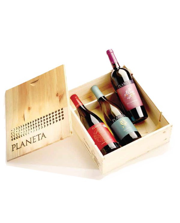 Geschenk-Ideen  Confezione in legno 3 bottiglie - l. 0,750 "Selezione DOC" -Planeta 36,80 €