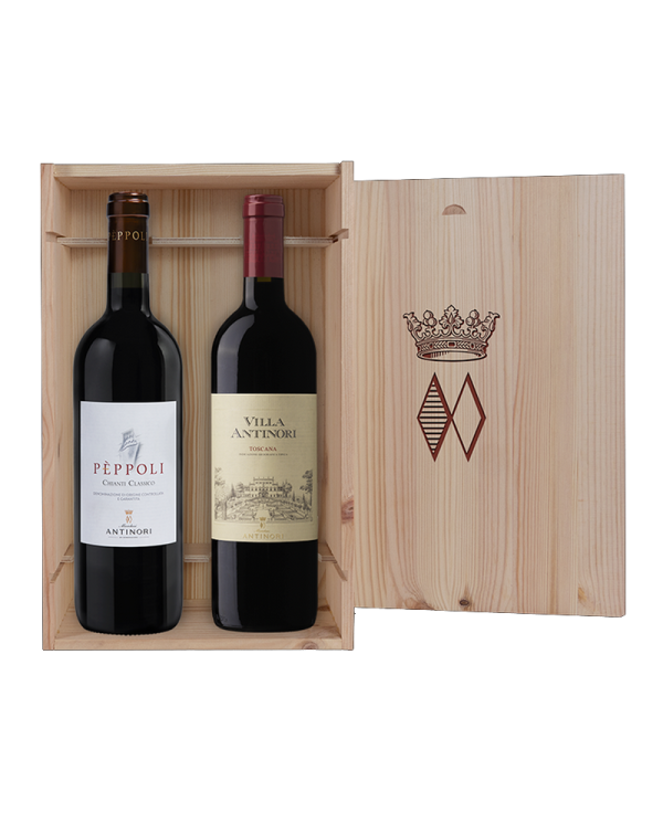 Rode wijnen  Cassetta in Legno da 2 bottiglie: Pèppoli, Chianti Classico DOCG 2018 Villa Antinori, Toscana IGT 2018 - Antinor...