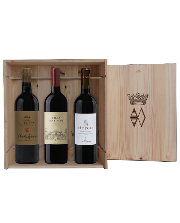 Vini Rossi  Cassetta da 3 bottiglie : Santa Cristina, Chianti Superiore - Villa Antinori, Toscana - Pèppoli, Chianti Classico... Vini Rossi  Cassetta da 3 bottiglie : Santa Cristina, Chianti Superiore - Villa Antinori, Toscana - Pèppoli, Chianti Classico...