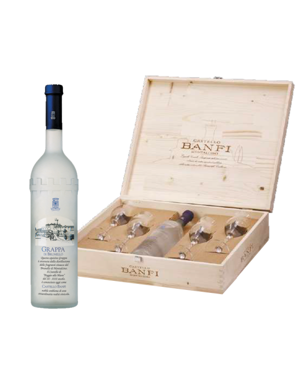 Distillati  Cassetta legno Grappa di Brunello Torre + 4 bicchieri Acquavite Da Vinci Crystal - Banfi 42,46 €