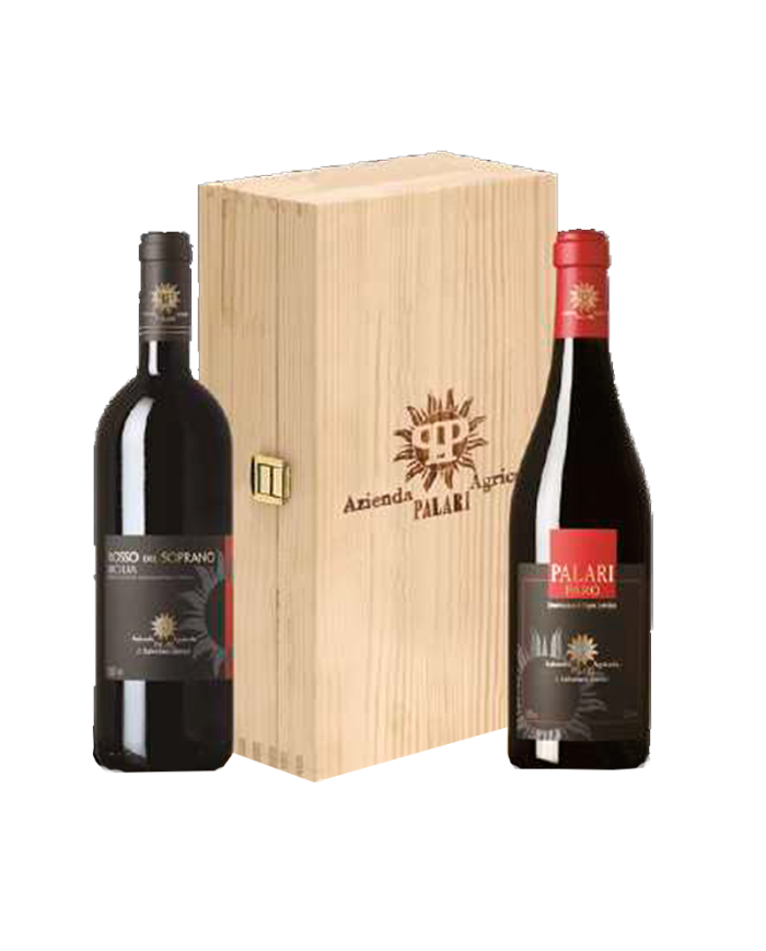 Rode wijnen  Cassetta in legno da 2 BT: 1 ROSSO DEL SOPRANO · Sicilia IGT 2015 - 1 PALARI FARO · DOC 2013 - Palari 49,75 €