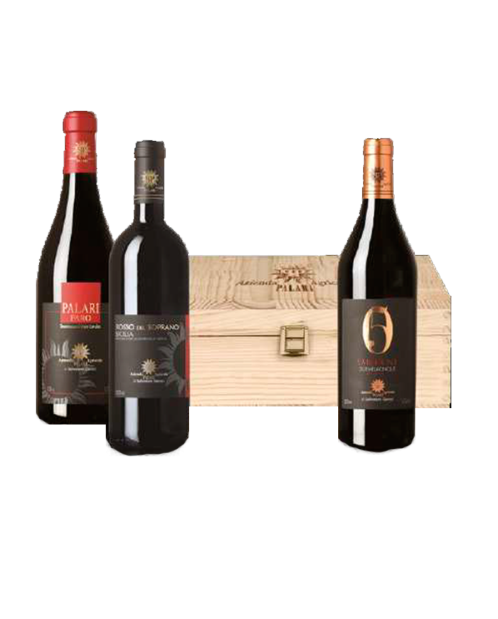 Rode wijnen  Cassetta in legno da 3BT: PALARI FARO DOC 2013 - ROSSO DEL SOPRANO · Sicilia IGT 2015 - SANTA NÈ · Sicilia IGT 2...
