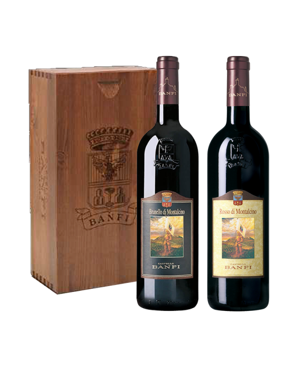 Vini Rossi  Cassetta legno 2 BT: 1 Brunello di Montalcino · DOCG 2015 - Rosso di Montalcino · DOC 2018 - Banfi 41,23 €