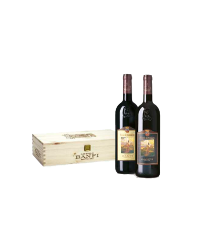 Rode wijnen  Cassetta in legno da 2 bottiglie: Brunello di Montalcino · DOCG 2015 – Rosso di Montalcino · DOC 2018 – Banfi 38...