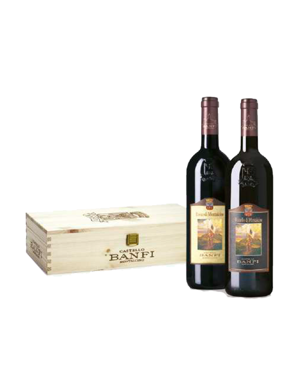 Vini Rossi  Cassetta in legno da 2 bottiglie: Brunello di Montalcino · DOCG 2015 – Rosso di Montalcino · DOC 2018 – Banfi 38,...