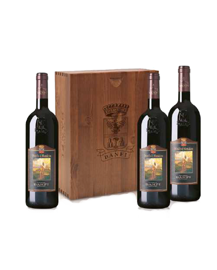 Rode wijnen  Cassa in legno 3 bottiglie Brunello di Montalcino · DOCG 2015 - Banfi 83,11 €