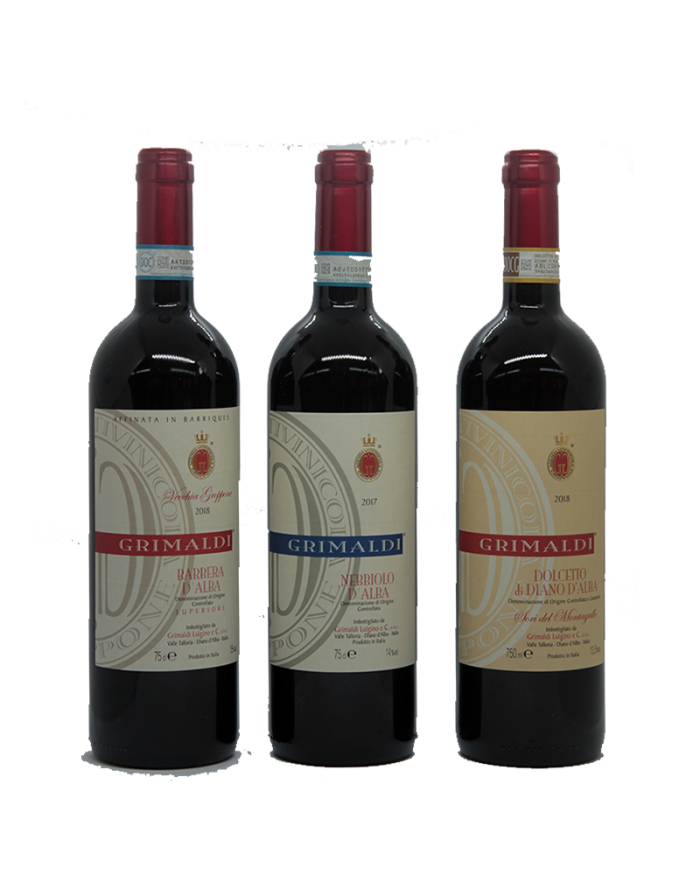 Rode wijnen  Tris di vini Barbera d'alba Roero Arneis Nebbbiolo con cassetta in legno - Grimaldi Luigino 48,36 €